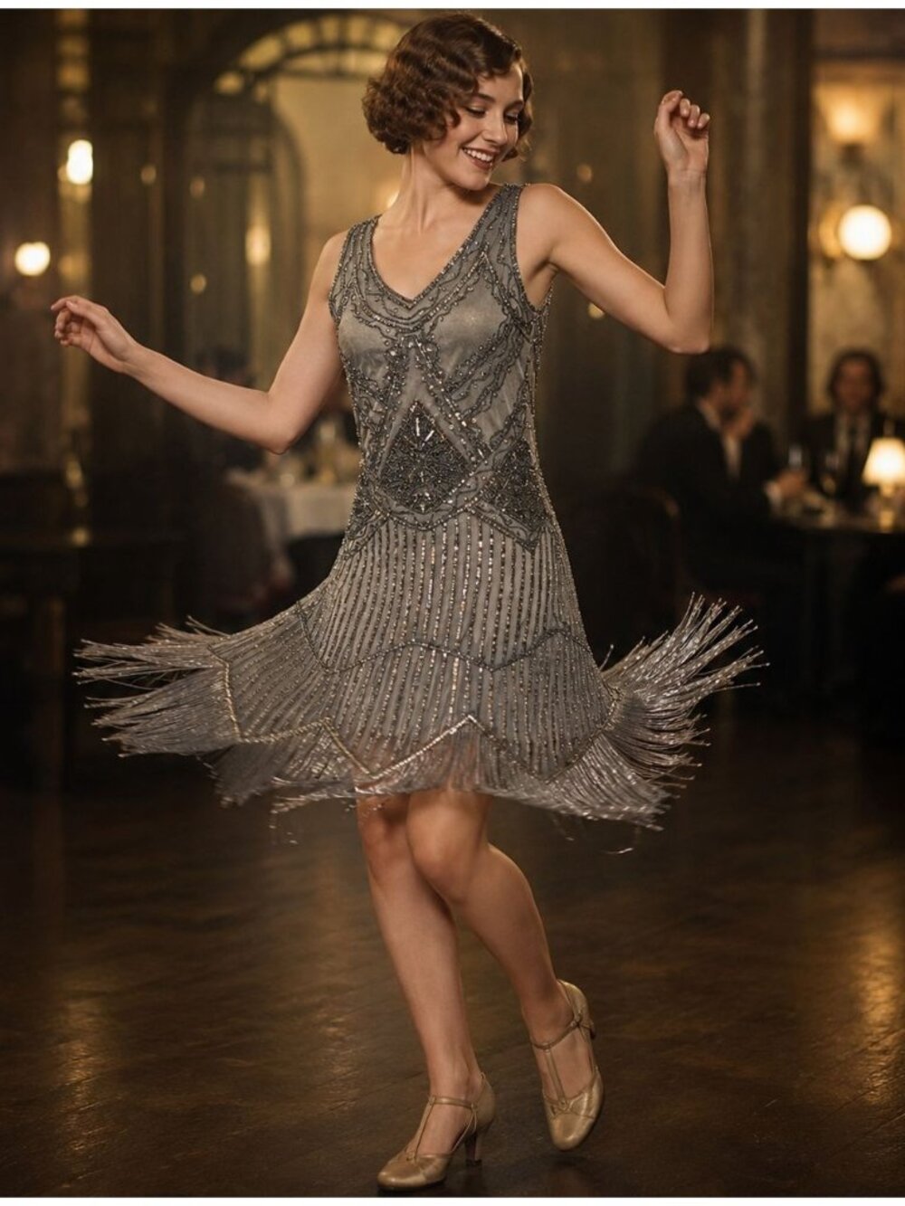 Phyllis 1920's Flapper Midi Dress Sequin A-Line Sheer Sleeveless Party Costume